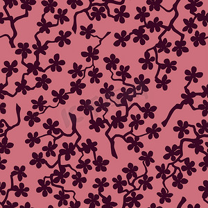 无缝图案与盛开的日本樱花树枝。紫红色背景上的勃艮第花
