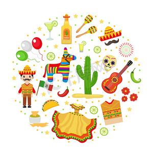 墨西哥 Cinco de Mayo 庆祝活动，图标设置为圆形，设计元素，平面风格。