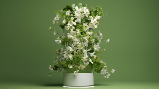 浅绿色圆柱形展示白色花朵向上方延伸