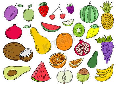 蔬菜手绘手绘摄影照片_背景上孤立的手绘水果采集矢量设计插图