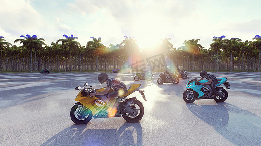 为你前行摄影照片_阳光明媚的日子里，摩托车高速前行。 