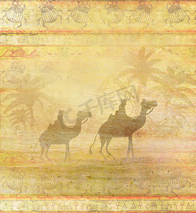 穿越撒哈拉沙漠的天空映衬着骆驼火车的轮廓 — 抽象的垃圾卡