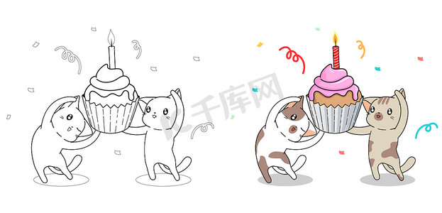 生日卡通聚会摄影照片_可爱的猫在生日派对卡通着色页