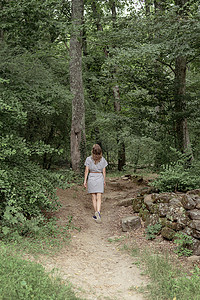 一个女人在雾蒙蒙的清晨沿着森林散步的背影