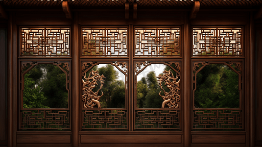 中式祥云边框纹理摄影照片_中国风木窗