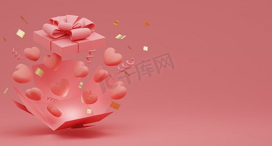 情人节的概念，粉红色的心形气球在礼品盒中，粉红色的背景上有丝带。 