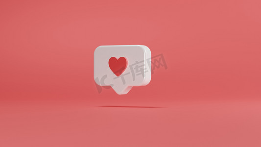 3d 插图渲染社交媒体通知爱心图标，白色圆形方形针隔离在粉红色墙壁背景上，阴影简单而优雅。 