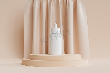 窗帘窗帘样机摄影照片_带化妆品血清的白色滴管样机瓶或在米色讲台或带窗帘的基座上做广告，3d 抽象渲染
