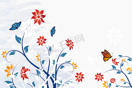 Grunge 矢量花背景与蝴蝶