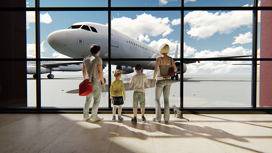 幸福的家庭在机场靠近窗户的地方看着飞机，等待日出时的飞行时间。 