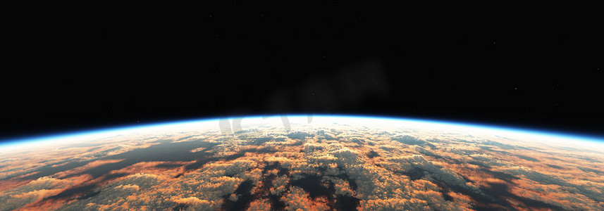 地球日出从空间在多云的海洋。 