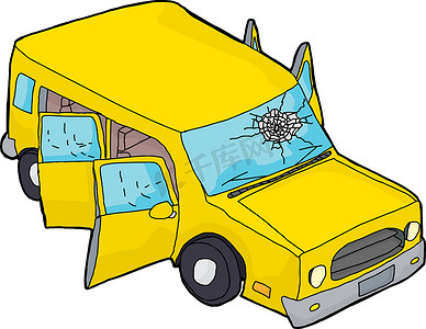 黄色suv摄影照片_挡风玻璃破损的黄色 SUV