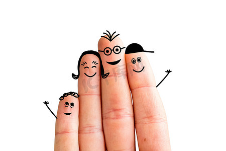 手指家庭概念：快乐的手指家庭微笑。