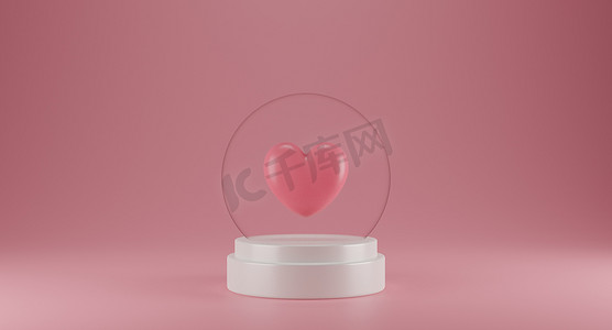 情人节概念与球形玻璃基座和粉红色背景的圆形背景。 