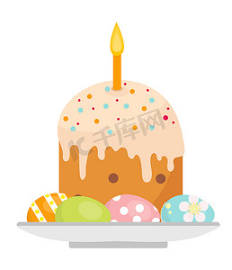 复活节蛋糕，盘子上放着蜡烛，上面有鸡蛋图标，扁平风格。