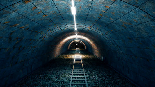 隧道 3D 渲染中的蒸汽旧火车