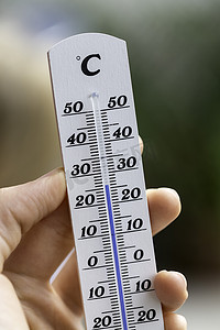 热浪：夏天温度计在模糊的背景，热