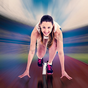 准备跑步位置的女运动员肖像的合成图像