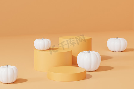 带有白色南瓜的讲台或基座，用于在橙色背景、3d 渲染的秋季假期中展示产品或广告