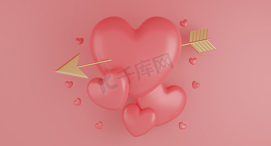 情人节的概念，粉红色的心形气球与粉红色背景上的金色箭头。 