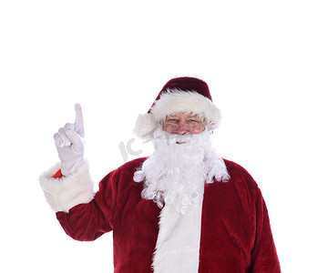 向上食指摄影照片_圣诞老人用他的食指在空中指着，第一个手势，被白色隔离