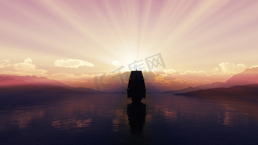 海上夕阳下的老船插画