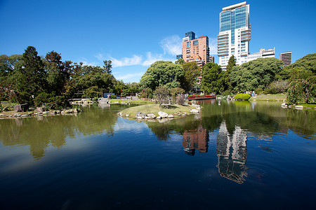 日本庭院和蓝天背景的摩天大楼