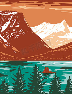 位于美利坚合众国蒙大拿州冰川国家公园的圣玛丽湖 WPA 海报艺术