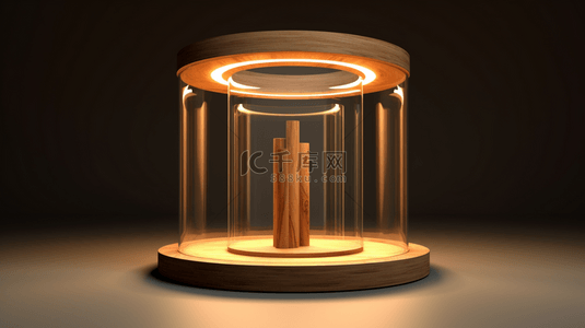 圆柱展示台背景图片_玻璃拱门3D渲染木柱展示台