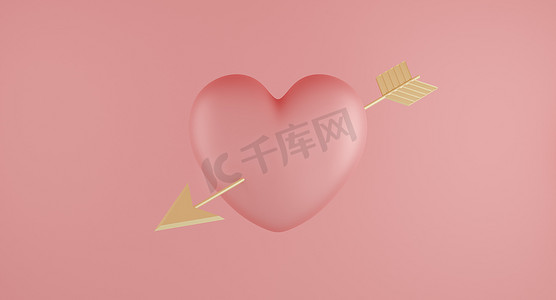 情人节的概念，粉红色的心形气球与粉红色背景上的金色箭头。 