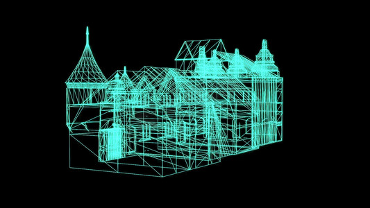 3d 插图 - 黑色背景中世纪房屋的线框模型 - 3D 渲染。
