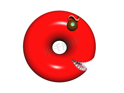 红色圆环摄影照片_有眼睛和牙齿的红色闪亮甜甜圈