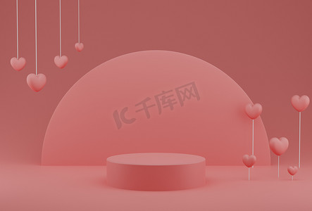 情人节的概念，粉红色的心形气球与基座和粉红色背景上的圆形背景。 