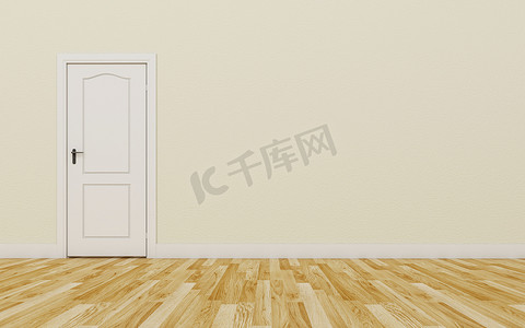 棕色墙壁、木地板上紧闭的白门