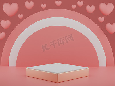 情人节：讲台或产品展台，在柔和的粉红色背景上带有爱心象征，带有复制空间。 