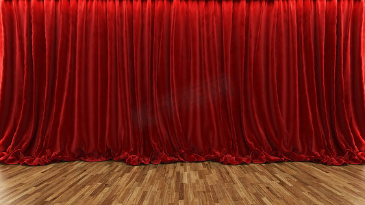 带红色窗帘和木地板的 3d 渲染剧院舞台