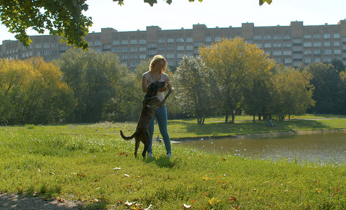 年轻女子在公园里和她的狗玩耍