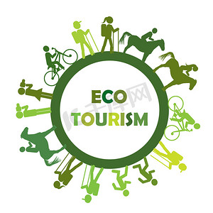 具有圆形框架和程式化游客的生态旅游概念