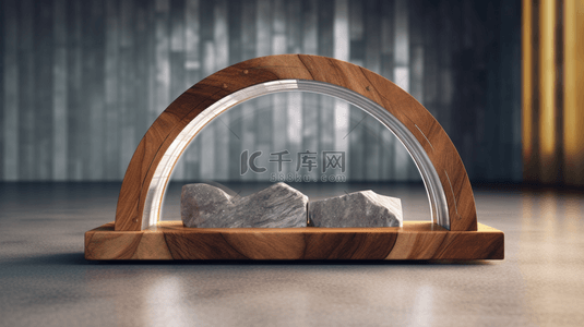 木管背景图片_圆柱木讲台上的玻璃管拱3D渲染，背景是几块灰色花岗岩