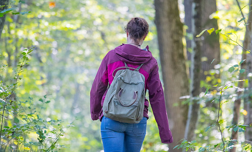 让你的思想自由和森林疗法的概念：小女孩正在穿过绿色森林远足