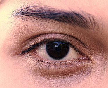 一只眼睛的特写，年轻的亚洲女性有美丽的眉毛，毛细血管虹膜治疗的概念。