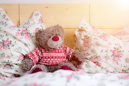 暴力迪吧摄影照片_泰迪梦的概念：泰迪熊坐在一张木床上，阳光下