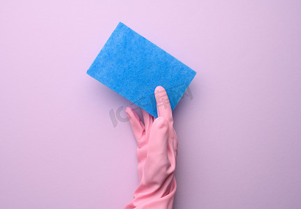 粉色橡胶手套中的女手握着紫色背景中的蓝色厨房海绵