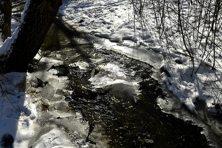 冬天的小溪，背光有冰