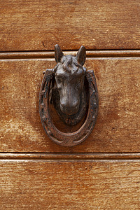 设计门头摄影照片_在木棕色门的古老意大利马形状的门环。