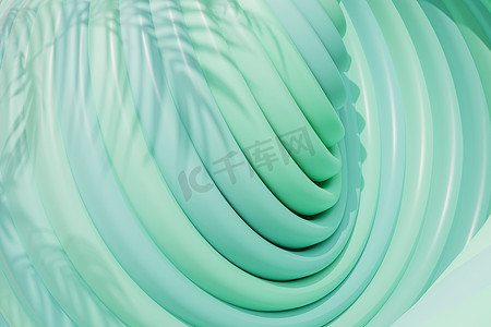 淡绿色卷轴摄影照片_抽象几何背景，带圆环或圆圈，呈淡绿色，带热带叶影，3d 渲染