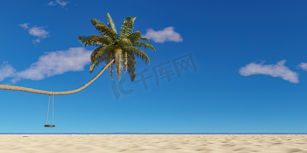 秋千背景摄影照片_弯曲的棕榈树在沙滩上用轮胎秋千。