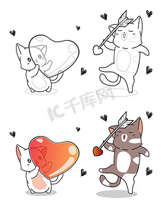 可爱卡通宠物小猫摄影照片_卡哇伊猫很容易拿着心箭卡通着色页