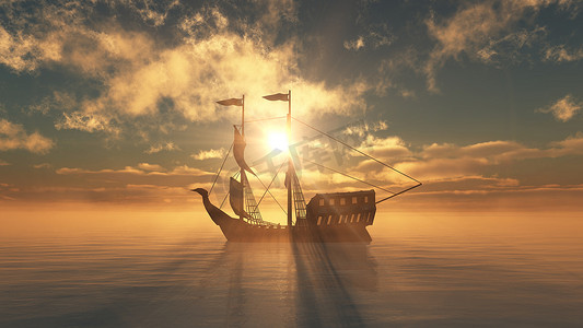 海上夕阳下的老船