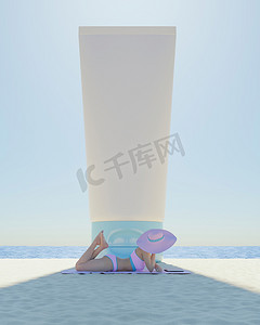巨型防晒罐遮光躺在沙滩上的女人。